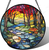 Stained Glass Window Hanging, Red Tree Abstract Sunset Lake Sun Catcher for Window Home Decor Landscape Suncatcher Mother's Day Birthday Gifts for Women Men Mom and Nana 6.3 in