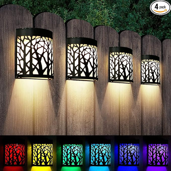 DenicMic Solar Wall Lights Outdoor Wall Sconce Fence Lighting for Patio Front Door Yard Deck Stair Led Forest Decorative Lamps, Waterproof, Warm White Color Changing (4 Pack)