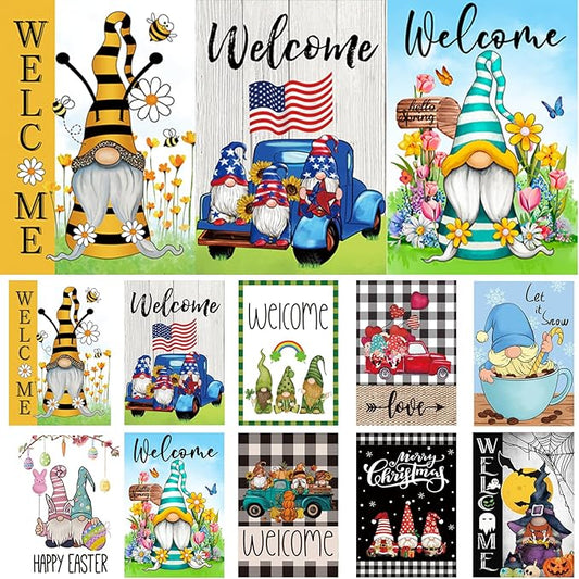 Set of 10 Gnome Seasonal Garden Flags,Double Sided 12 x 18 Inch Yard Flags, Small Garden Flags for Outside, Spring 4th of July Easter Seasonal Flags for Outdoor, Holiday Garden Flags for All Seasons