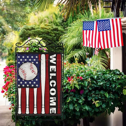 Welcome 4th of July Baseball Patriotic Decorative House Flag, America USA Red White Bat Garden Yard Outside Decoration, American Stars Burlap Outdoor Large Home Decor Double Sided 28 x 40