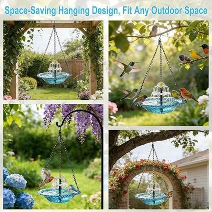 Yeomi Solar Fountain for Bird Bath, Solar Cascade Hanging Bird Bath Fountain, Large Hummingbird Bath with Solar Pump & Blue Glass Bowl, Outdoor Garden Decor