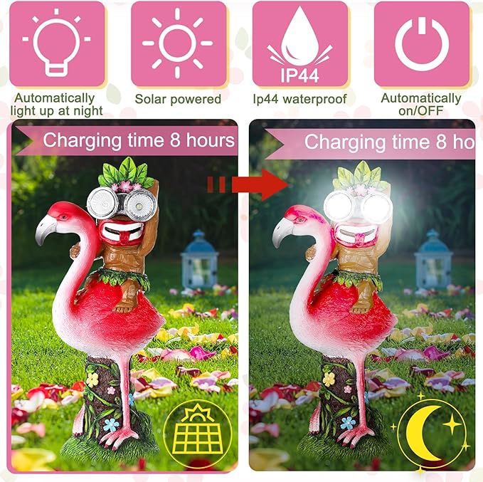 Colingmill 12.2'' Tiki Statue Flamingo Outdoor Decoration Solar Powered Garden Figurine Riding a Flamingo Tiki Bar Decor Housewarming Gardening Gifts for Bar, Lawn, Yard, Patio, Balcony, Table