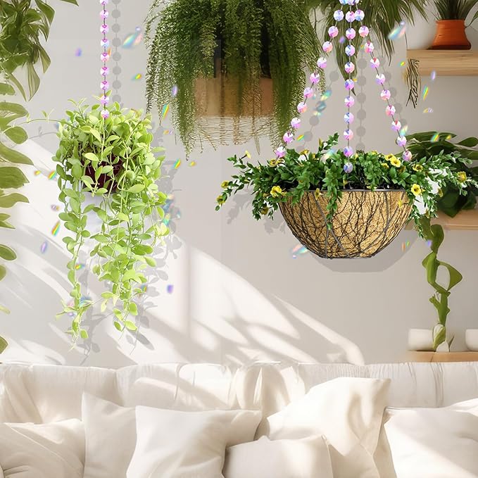 Landical 9 Pack 12 Inch Suncatcher Plant Hanger Hanging Basket Chains with Hooks Crystal Suncatcher Prism Window Hanging Chain Garden for Flower Pots Bird Feeders Wind Chimes Ornaments(Pink)