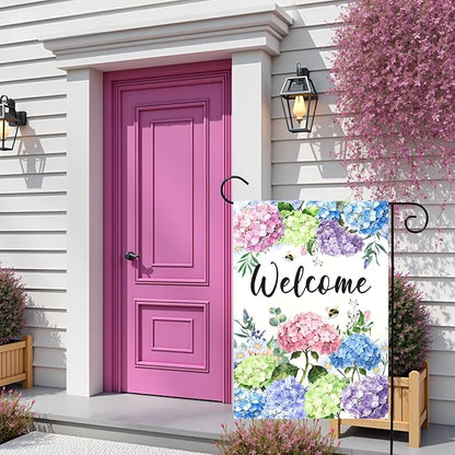 Welcome Hydrangea Garden Flag Spring Summer Colorful Floral Yard Flags Watercolor Flowers Bee Design Seasonal Porch Durable Polyester House Banners for Lawn Patio Outdoor Decor 12 x 18 Inch