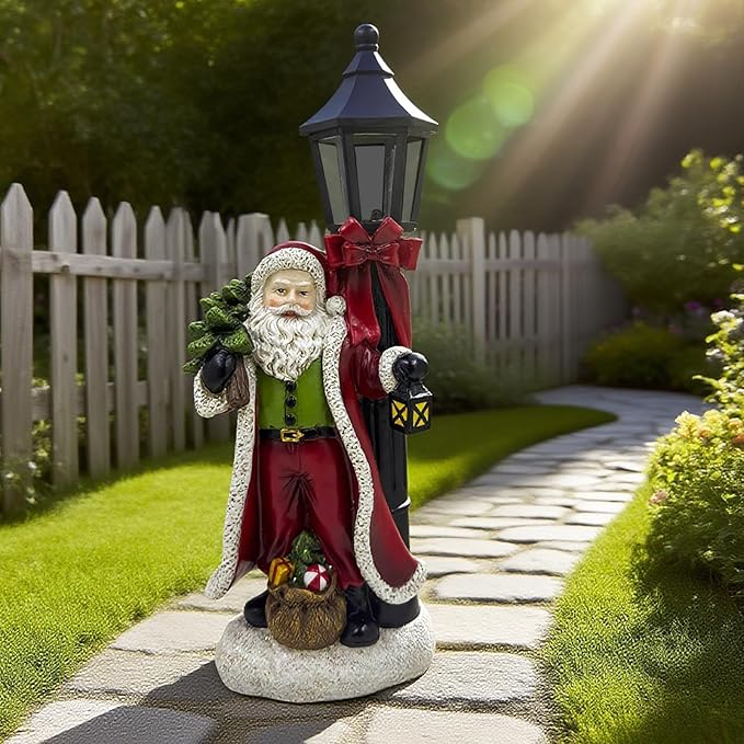 Santa Claus Statue with Light 12.6 inch Christmas Resin Figurine Desktop Decor, New Year's Day Outdoor Decoration for Porch Garden Yard Patio