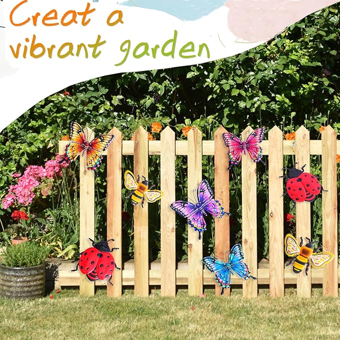 DEWEL 8 Pcs Metal Garden Decor for Outside, 3D Butterfly Ladybug Bee Outdoor Wall Decor, Outdoor Decor Wall Art, Colorful Hanging Decorations for Spring Garden Fence Patio Yard, Great Gift Choice