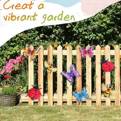 DEWEL 8 Pcs Metal Garden Decor for Outside, 3D Butterfly Ladybug Bee Outdoor Wall Decor, Outdoor Decor Wall Art, Colorful Hanging Decorations for Spring Garden Fence Patio Yard, Great Gift Choice