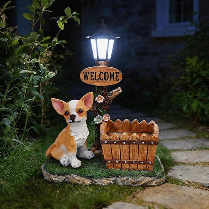 Solar Garden Statue with Planter & Solar Lantern, Outdoor Resin Animal Sculpture, Waterproof Yard Lawn Decor Pot for Succulents, Front Porch Ornament Housewarming Gift (Chihuahua)