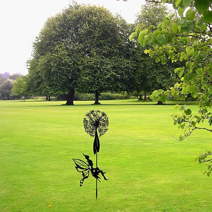 Flower Fairy Dancing with Dandelion Garden Sculpture,Angel Metal Ornaments Stainless Steel Statue Decorations,Wonderland Outdoor Yard Lawn Patio Stakes Sculptures Decor (F)