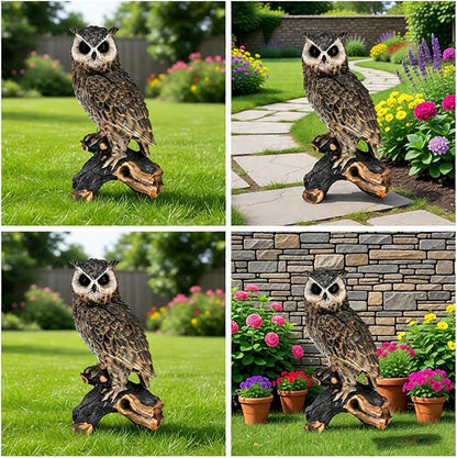 Large Owl Statue Garden Decor Outdoor Indoor, 18.98" H Hand-Painted Resin Owl Sculpture on Tree Stump, Wildlife Figurine Yard Art Ornament for Patio Lawn Porch Housewarming Gift