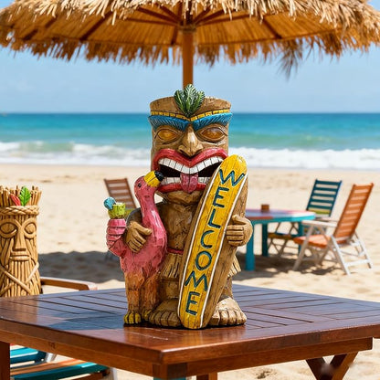 Solar Tiki Statue Outdoor Decor - Tiki Surfboard Welcome Sign Flamingo Waterproof Figurines for Tiki Bar,Patio,Balcony,Yard,Lawn Decorations,Gardening Gift for Tiki Lover