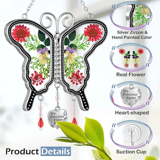 KY&BOSAM Suncatcher Butterfly Glass My Precious Sister Suncatchers Ornament hangings for Windows Wind Chime with Pressed Flower Butterfly Embedded in Glass Mother`s Day Birthdays