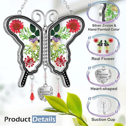 KY&BOSAM Suncatcher Butterfly Glass My Precious Sister Suncatchers Ornament hangings for Windows Wind Chime with Pressed Flower Butterfly Embedded in Glass Mother`s Day Birthdays