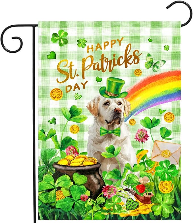 White Lab St Patricks Day Garden Flag Labrador Dog St Patrick's Day Yard Flags for Outside 12x18 Double Sided Buffalo Plaid Shamrock Flag Small Outdoor Rainbow St Patrick's Decor
