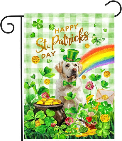 White Lab St Patricks Day Garden Flag Labrador Dog St Patrick's Day Yard Flags for Outside 12x18 Double Sided Buffalo Plaid Shamrock Flag Small Outdoor Rainbow St Patrick's Decor