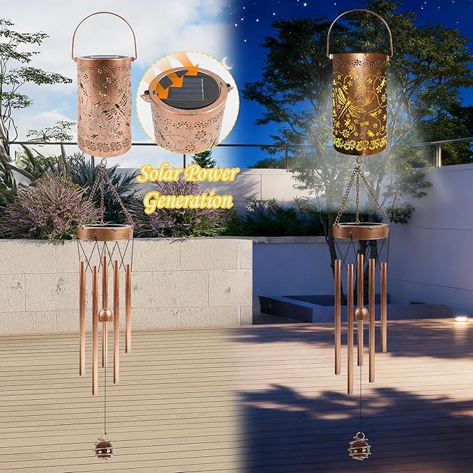 Dragonfly Solar Wind Chimes for Outside, Dragon Fly Gifts Solar Lantern Windchime, Garden Decorative Hanging Lights for Patio Porch Yard Lawn Decor