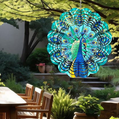 Wind Spinner Mandala 12 inch 3D Stainless Steel Laser Cut Metal Art Geometric Pattern Hanging Wind Spinner (Peacock)