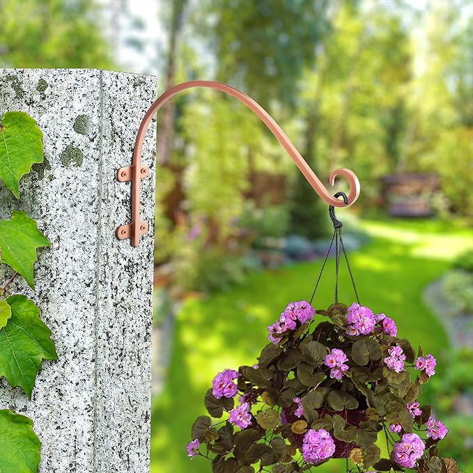 Monarch Abode Plant Hangers – Wall Mount Plant Hooks for Hanging Baskets, 14 Inch Metal Brushed Copper Fence Wall Plants Hanger for Outdoor Indoor, Flower Pot, Bird Feeder, Wind Chime Bracket, 2 Pack