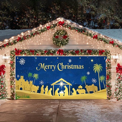 HOMETITUTE Christmas Garage Door Banner 13x6ft Gold Nativity Scene with Baby and Figures Blue Night Sky Green Palm Trees Gold Castle Holiday Outdoor Yard Decor Seasonal Party Backdrop