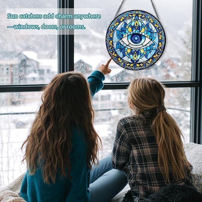 Evil Eye Stained Glass, Suncatcher for Window Hanging, Decoration for Window Sun Catcher Wall Art for Mom Grandma, Gifts for Spirits Lovers, for Home Yard Office Decor