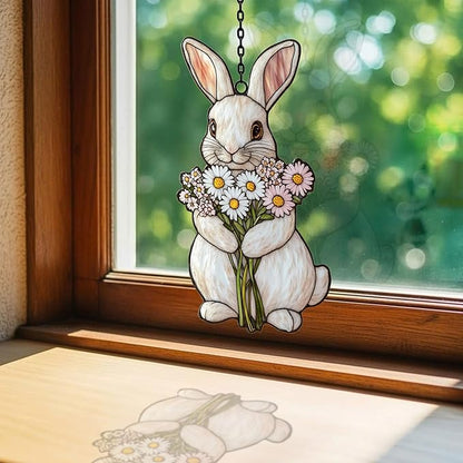 Whimsical Pastel Floral Bunny Mosaic Acrylic Suncatcher Stained Glass Effect Window Car Hanging Christmas Ornament Indoor Outdoor Decor Garden Sun Catcher Panel for Easter Lover for Women Mom Grandma