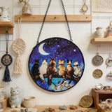 7.8 in Stained Glass Window Hanging, 6 Cats and Moon Suncatcher for Home Decor, Handmade Decorative Ornament Boho Wall Art Ideal Gift for Mom Grandma Cat Lovers Housewarming