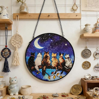 7.8 in Stained Glass Window Hanging, 6 Cats and Moon Suncatcher for Home Decor, Handmade Decorative Ornament Boho Wall Art Ideal Gift for Mom Grandma Cat Lovers Housewarming
