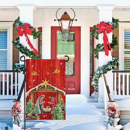 Xmas Poinsettia Garden Flag Holy Night Nativity Double Side Yard Flags Religious Christma Jesus Nativity Scene Decor House Banner for Winter Happy Holiday Outdoor Yard Decor 12 x 18 Inch