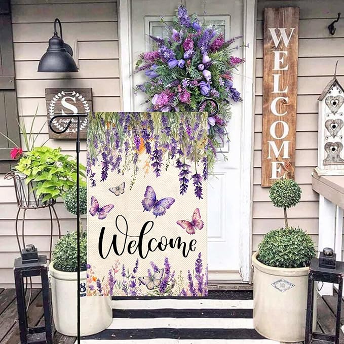 Baccessor Spring Summer Flower Garden Flag Lavender Butterfly Floral Welcome Small Yard Burlap Double Sided Vertical Seasonal Farmhouse Wedding Yard Outdoor Decoration 12.5x18 Inch