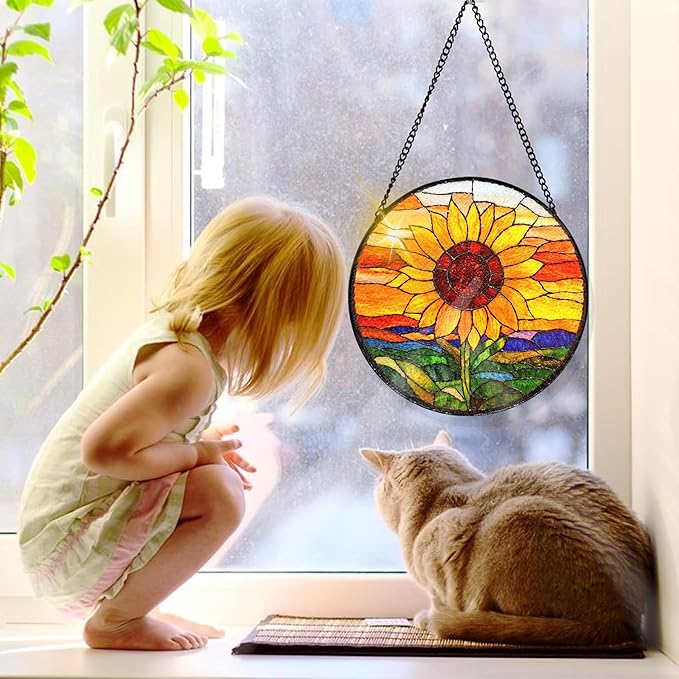 Bimkole Sunflower Stained Glass Suncatcher Window Hanging - Sunset Design for Indoor Window or Doorway Decoration - 7.87x7.87 inch with Chain and Hook - Unique Home Decor Gift