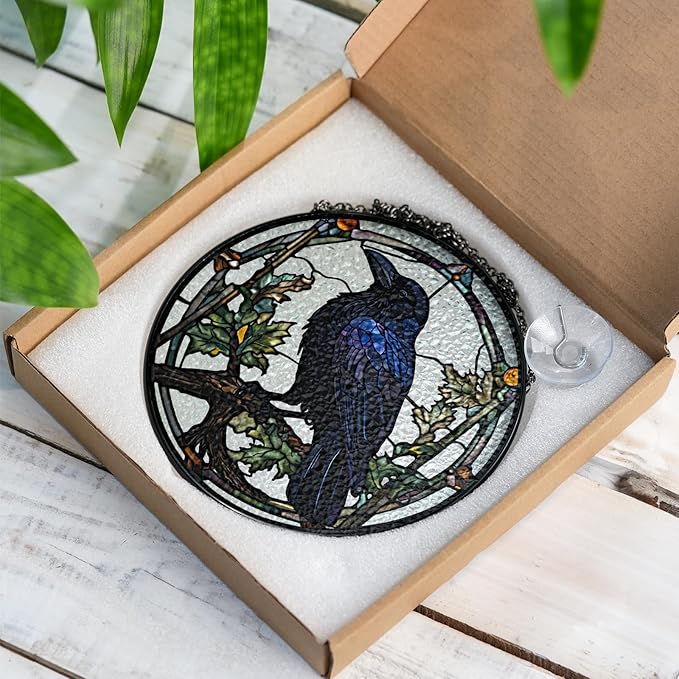 6" Crow Stained Glass Suncatchers Art Glass Ravens for Sun Catcher Indoor Gothic Gifts for Pet Animal Nature Floral Lovers Women Grandma Mom Friend Painted Panel Décor BIRD-04B-SG6