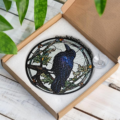 6" Crow Stained Glass Suncatchers Art Glass Ravens for Sun Catcher Indoor Gothic Gifts for Pet Animal Nature Floral Lovers Women Grandma Mom Friend Painted Panel Décor BIRD-04B-SG6