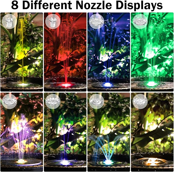 AISITIN Solar Fountain with Lights & 3000mAh Battery, 5.5W Solar Powered Water Pump with 8 Nozzles, 2026 Upgraded LED Solar Fountain Pump for Bird Bath, Garden, Pond, Patio, Fish Tank, Outdoor