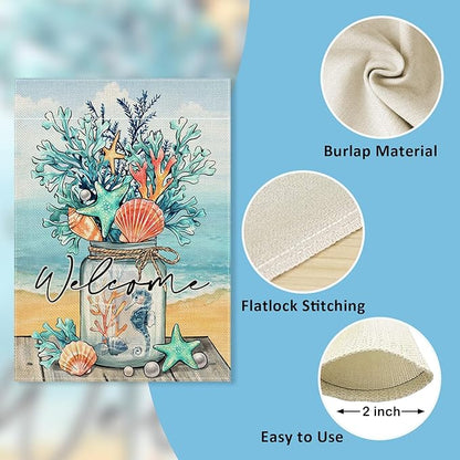 Welcome Summer Mason Jar Decorative Garden Flag, Beach Coastal Coral Starfish Shell Sea Horse Yard Outside Decorations, Nautical Seasonal Burlap Outdoor Small Home Decor Double Sided 12 x 18