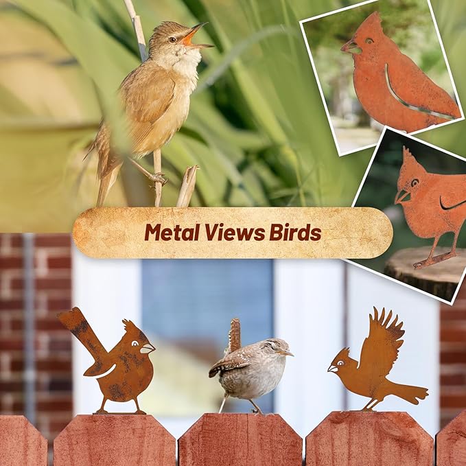 5-Pack Rustic Metal Bird Statues for Outdoor Garden - Vintage Yard Art Decor with Realistic Bird Shapes for Fence, Patio, Lawn Ornament