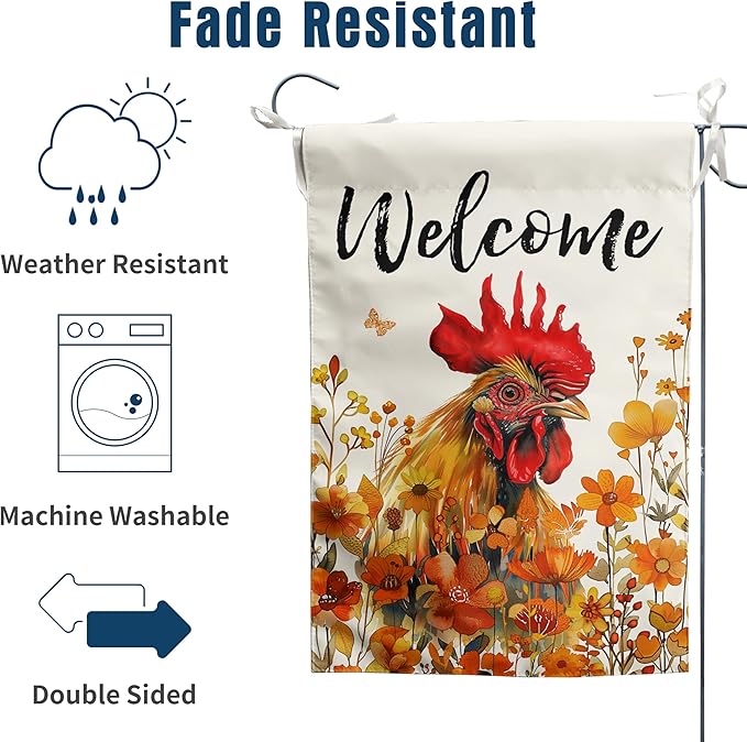 Chicken Fall Garden Flag Autumn Rooster Yard Sign Orange Floral Thanksgiving Outdoor Banners for Outside 12x18 Double Sided Small Wild Flower Lawn Decorations