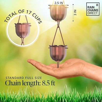 Rain Chains Direct - Flutes Rain Chain - 8.5 FT - Pure Solid Copper - Premium Rain Chains for Gutters