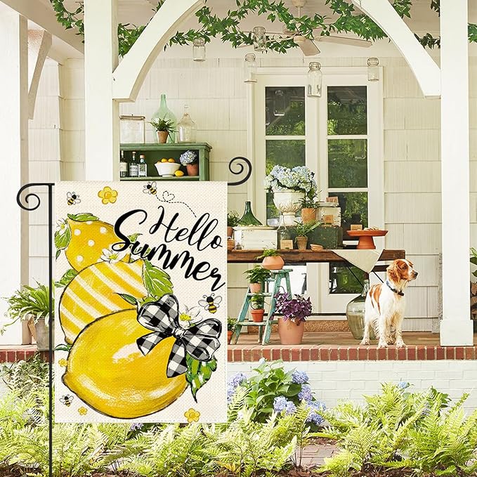 AVOIN colorlife Hello Summer Garden Flag 12x18 Inch Double Sided Outside, Lemon Bee Rustic Seasonal Yard Outdoor Flag