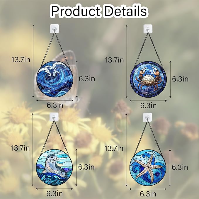 DASTOLL Stained Glass Window Hanging 4 Pcs Set Blue Ocean Waves 6.3" - Starfish Crab Seal Suncatcher Door Garden Sun Catcher Decor Birthday for Mom Woman Nana Men Friend
