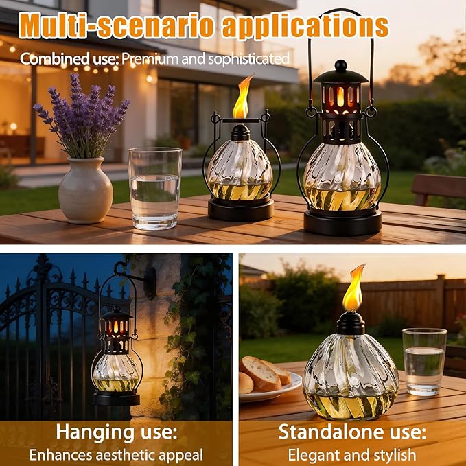 3 Pack Glass Table Top Torches, 14 oz Citronella Torches for Outside, Features hanging handles, Refillable Flame Light Torch, Decorative Tabletop Lantern for Yard, Patio, Garden, Party, Landscape