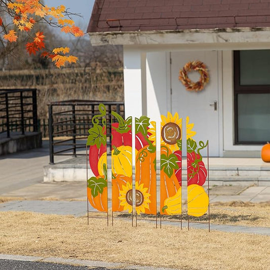 Glitzhome 41.75" H Fall Pumpkin Patch Combo Yard Stake, Metal Thanksgiving Pumpkins Sunflower Yard Signs, Decorative Pumpkin Garden Stake for Home Fall Autumn Harvest Halloween Patio Lawn Decor