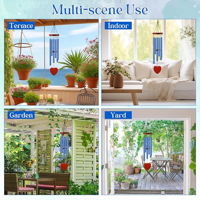 Leinuosen Wind Chimes for Outside Wind Chimes Outdoors Deep Tones 28" with 6 Aluminum Tubes Memorial Sympathy Windchime for Valentine Tree Decor Garden Courtyard Mom Loved One Gifts(Heart,Blue)