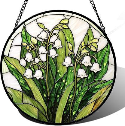 DASTOLL Stained Glass Window Hanging, Lily of the Valley Flower Sun Catchers Colorful Glass Panel Green Plants Suncatcher Decor for Birthday for Women,Men,Wife, Lovers, and Mom 14.9 in