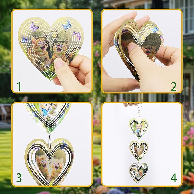 Wind Spinners Outdoor, Bird Repellent，3D Hearts Cat Pattern Hanging, 15 inches, Kinetic, Stainless-Steel Metal, Indoor and Outdoor Decoration for Garden, Patio, Yard, Gift for Women Mom Wife.