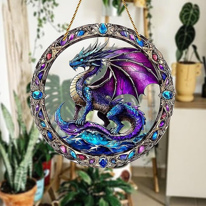 8x8 inch Charming Dragon Acrylic Stained Glass Window Hanging Sun Catcher Decor Stained Panel Hangings Wall Art Decor, for Friends and Family (Dragon)