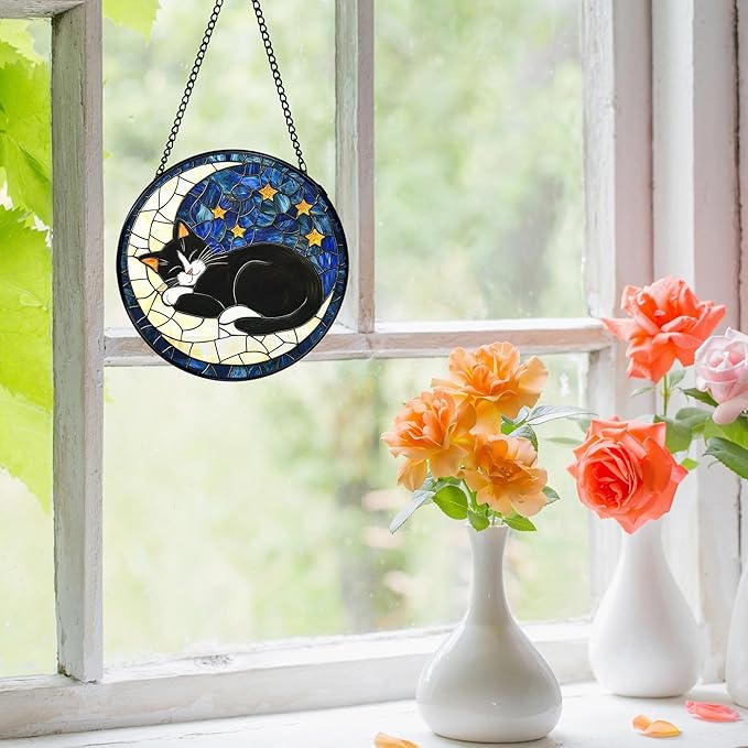 Black Cat Moon Stained Glass Window Hanging, Celestial Black Cat Sun Catchers Indoor Window Round Glass Wall Art Decor, Moon and Stars Suncatcher Wall Hanging Decorations, Lawn Care