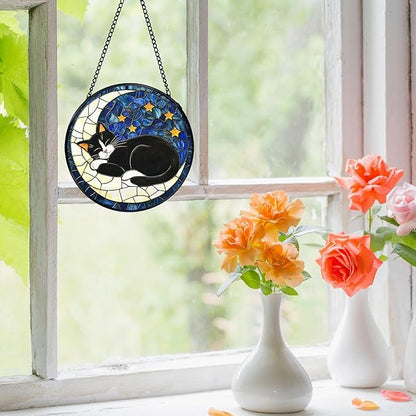 Black Cat Moon Stained Glass Window Hanging, Celestial Black Cat Sun Catchers Indoor Window Round Glass Wall Art Decor, Moon and Stars Suncatcher Wall Hanging Decorations, Lawn Care