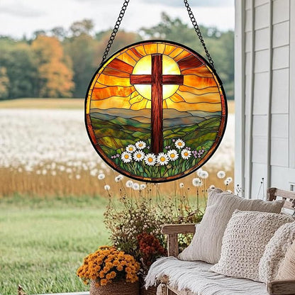 Christian Gifts for Women - Cross Stained Glass Window Hanging Easter Daisy Natural Landscape Sun Catcher Garden Religion Decor Mother's Day Catholic Gift for Men Grandma Mom Her Nana 9.8"