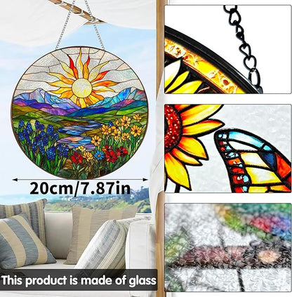 VAIIEYO Sun Sun Catcher Stained Glass Window Hanging Ornament, Handmade Sun Catcher Flower Landscape Decoration with Hooks for Window Garden Home, Birthday Housewarming Gift 7.8 inch