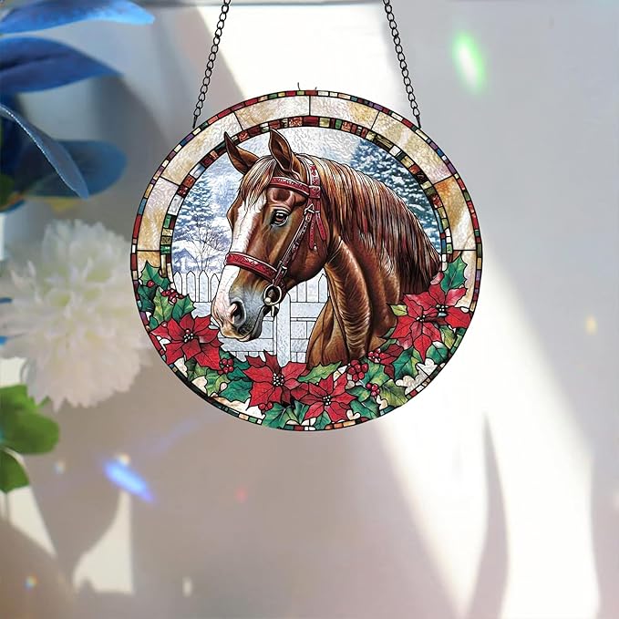 Bimkole Horse Stained Glass Suncatcher Window Hanging - Animals Indoor Window or Doorway Decoration - Handmade Sun Catcher Decor for Garden Home Christmas & Birthday Gifts 7.87x7.87 Inch